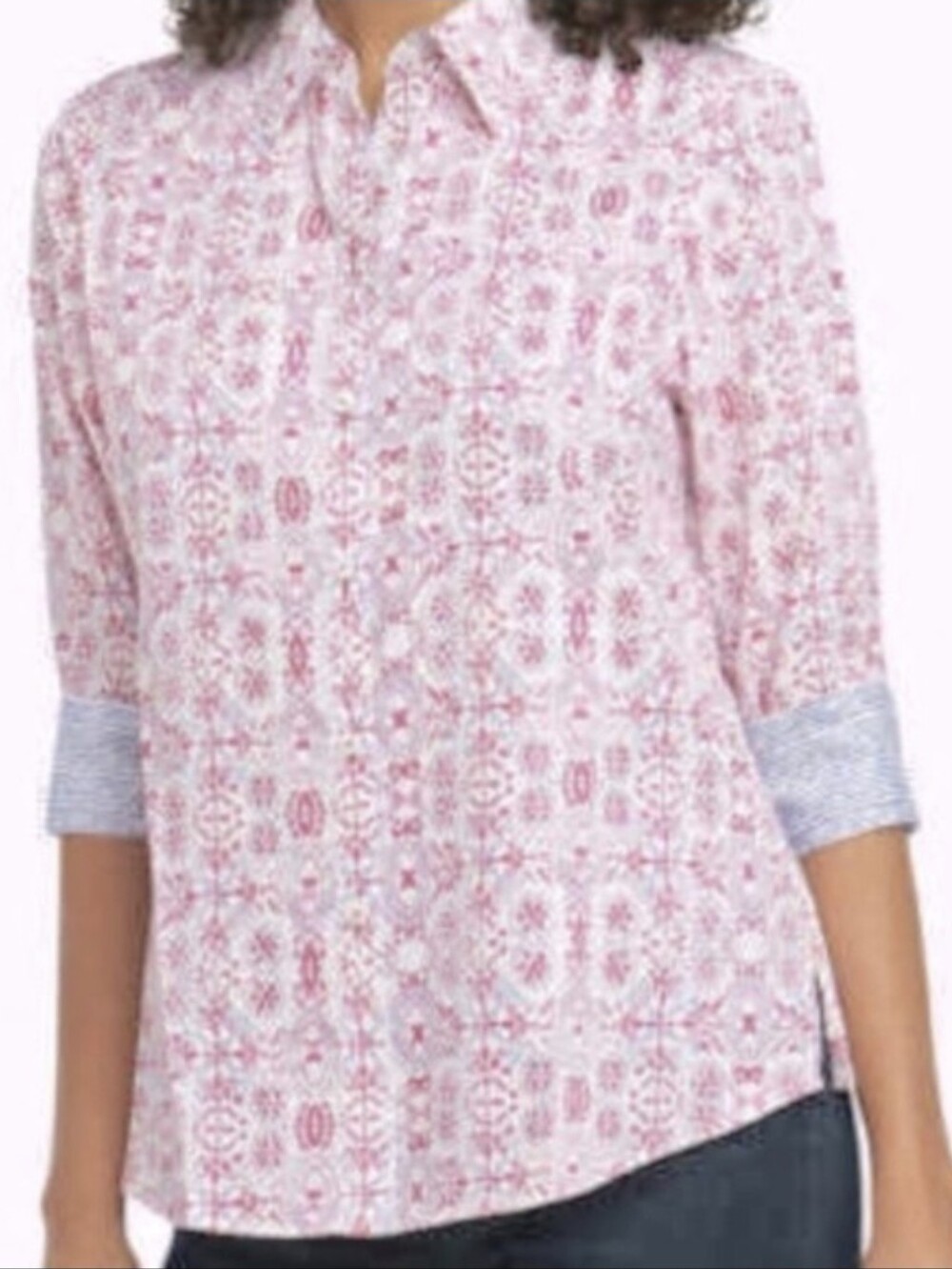 Foxcroft White Button-Down Shirt with Pink Geometric Print